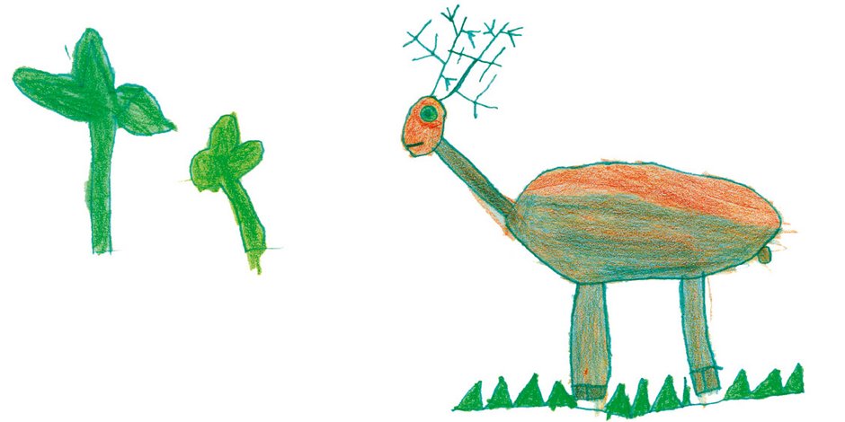 Kinderzeichnung mit Tier und Pflanzen