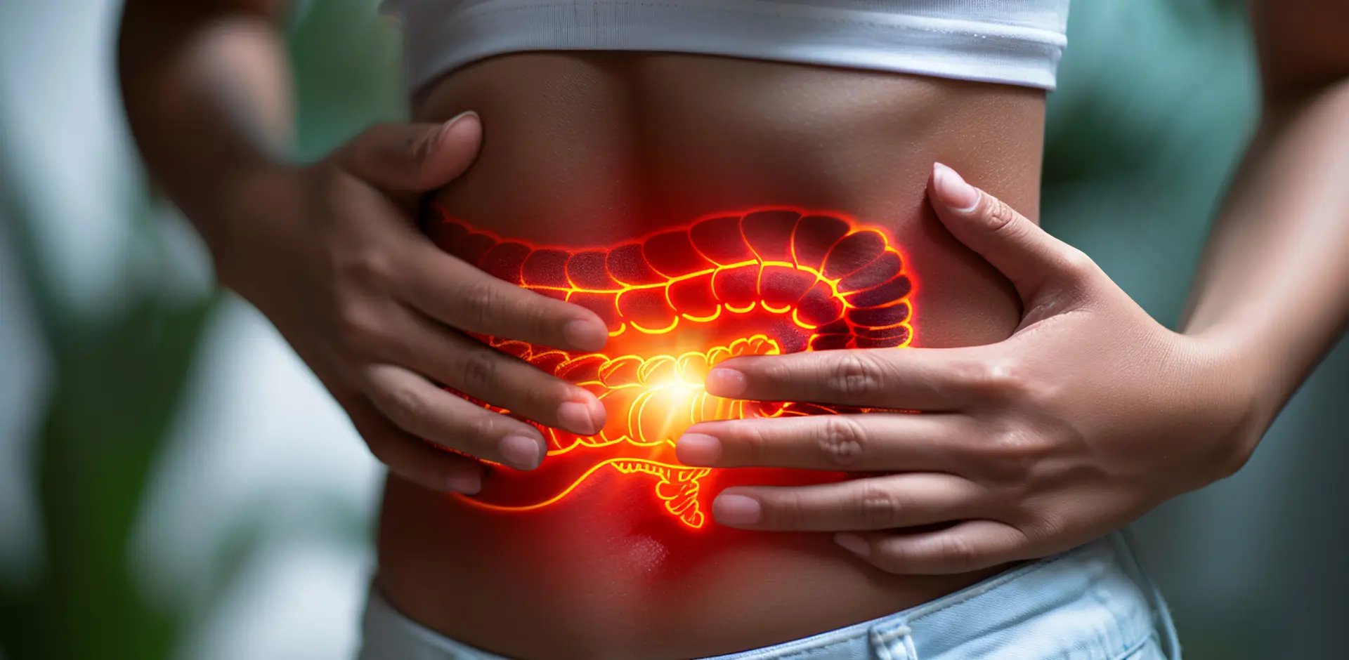 Person mit Händen auf dem Bauch